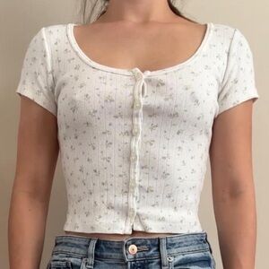 Brandy Melville White Floral Ribbed Button-Front Crop Top
